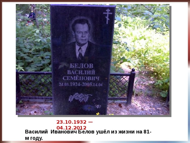 23.10.1932 — 04.12.2012 Василий Иванович Белов ушёл из жизни на 81-м году.