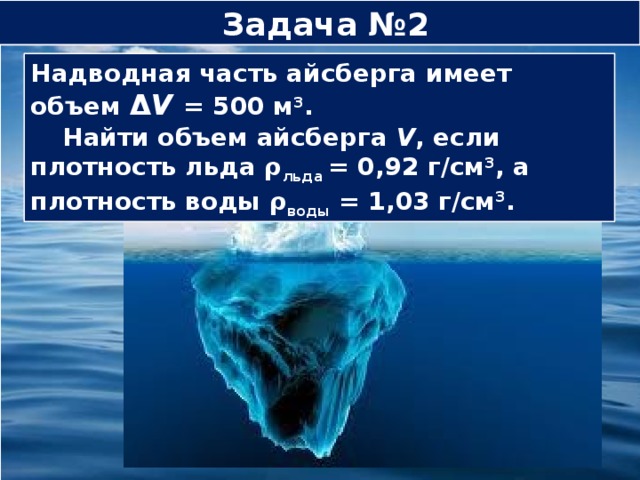  Задача №2 Надводная часть айсберга имеет объем Δ V  = 500 м 3 .  Найти объем айсберга V , если плотность льда ρ льда = 0,92 г/см 3 , а плотность воды ρ воды = 1,03 г/см 3 .  