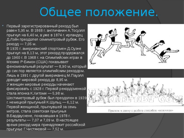 Общее положение. Первый зарегистрированный рекорд был равен 5,95 м. В 1868 г. англичанин А.Тосуэлл прыгнул на 6,40 м, а уже в 1874 г. ирландец Д.Лэйн преодолел семиметровый рубеж. Его рекорд — 7,05 м.  В 1935 г. американский спортсмен Д.Оуэне прыгнул на 8,13 м, этот рекорд продержался до 1960 г. В 1968 г. на Олимпийских играх в Мехико Р-Бимон (США) показывает феноменальный результат — 8,90 м, который до сих пор является олимпийским рекордом. Лишь в 1991 г. другой американец М.Пауэлл доводит мировой рекорд до 8,95 м.  У женщин мировые рекорды начинают фиксировать с 1928 г. Первой рекордсменкой стала японка К.Хитоми — 5,98 м. Шестиметровый рубеж был преодолен в 1939 г. немецкой прыгуньей К.Шульц — 6,12 м. Первой женщиной, прыгнувшей за семь метров, стала советская прыгунья В.Бардаускене, показавшая в 1978 г. результаты — 7,07 и 7,09 м. В настоящее время рекорд мира принадлежит российской прыгунье Г.Чистяковой — 7,52 м. 