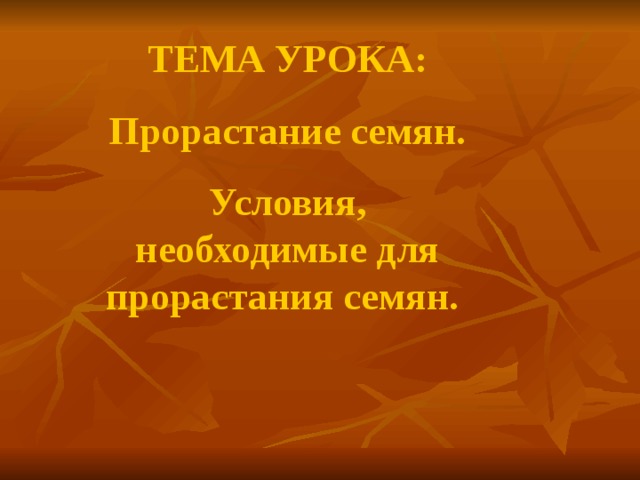 ТЕМА УРОКА: Прорастание семян. Условия, необходимые для прорастания семян.  