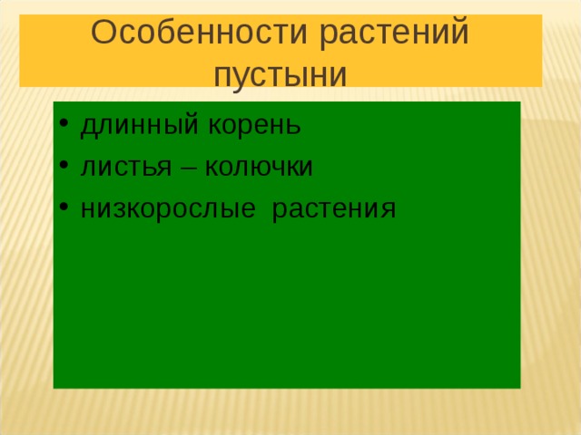 Особенности растений пустыни длинный корень листья – колючки низкорослые растения 