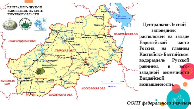 Центрально-Лесной заповедник расположен на западе Европейской части России, на главном Каспийско-Балтийском водоразделе Русской равнины, в юго-западной оконечности Валдайской возвышенности. ООПТ федерального значения 