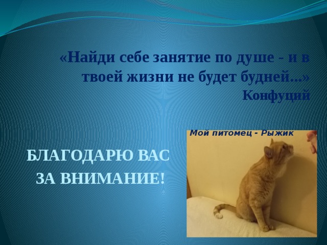 «Найди себе занятие по душе - и в твоей жизни не будет будней...»  Конфуций     БЛАГОДАРЮ ВАС ЗА ВНИМАНИЕ! Мой питомец - Рыжик 