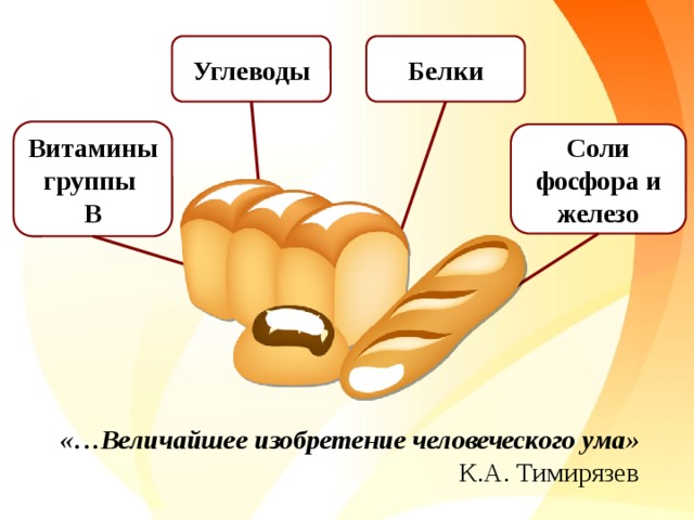 Углеводы Белки Витамины группы В Соли фосфора и железо «…Величайшее изобретение человеческого ума» К.А. Тимирязев