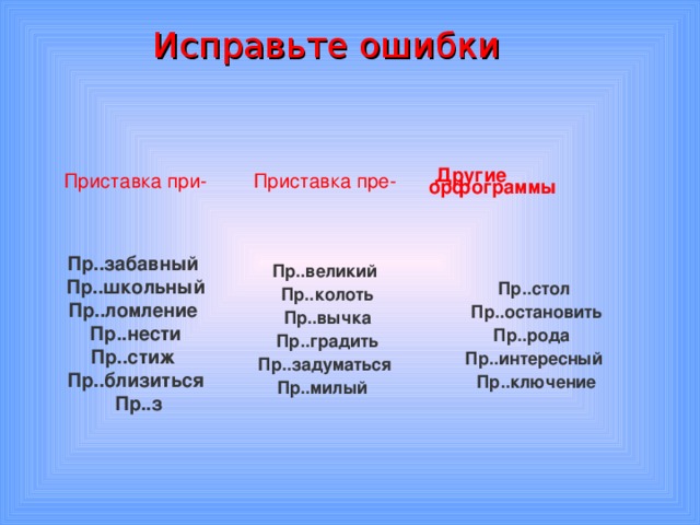 Ошибка приставка. Исправьте ошибки приставки пре и при. Упражнения исправь ошибки в приставках. Написание приставки пре и при правило таблица. Правила написания приставок пре и при в русском языке.