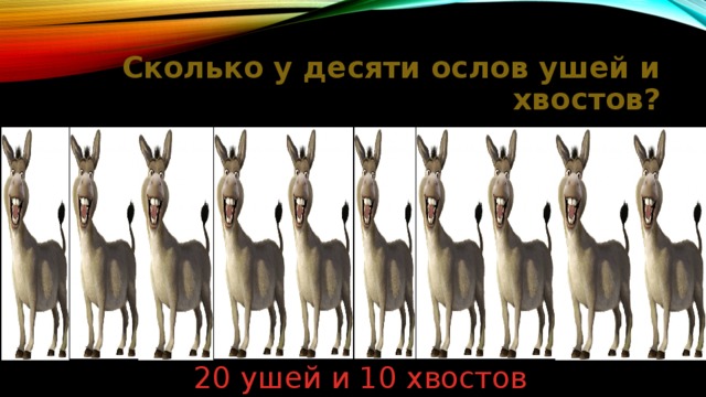 Сколько у десяти ослов ушей и хвостов? 20 ушей и 10 хвостов 