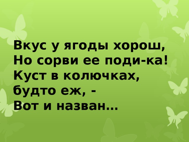 Вкус у ягоды хорош,  Но сорви ее поди-ка!  Куст в колючках, будто еж, -  Вот и назван… 