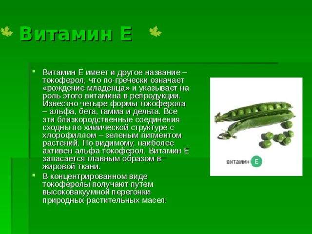 Витамин Е Витамин E имеет и другое название – токоферол, что по-гречески означает «рождение младенца» и указывает на роль этого витамина в репродукции. Известно четыре формы токоферола – альфа, бета, гамма и дельта. Все эти близкородственные соединения сходны по химической структуре с хлорофиллом – зеленым пигментом растений. По-видимому, наиболее активен альфа-токоферол. Витамин E запасается главным образом в жировой ткани. В концентрированном виде токоферолы получают путем высоковакуумной перегонки природных растительных масел. 