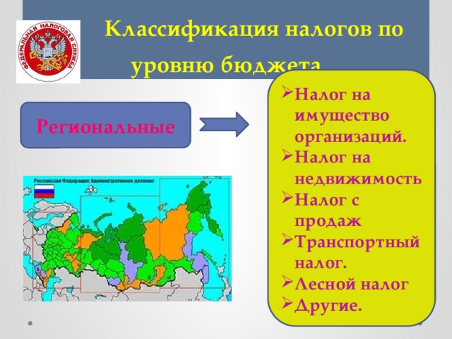 Классификация налогов по уровню бюджета Налог на имущество организаций. Налог на недвижимость Налог с продаж Транспортный налог. Лесной налог Другие. Региональные