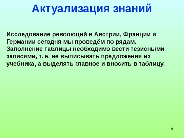 Актуализация знаний Исследование революций в Австрии, Франции и Германии сегодня мы проведём по рядам. Заполнение таблицы необходимо вести тезисными записями, т. е. не выписывать предложения из учебника, а выделять главное и вносить в таблицу.   