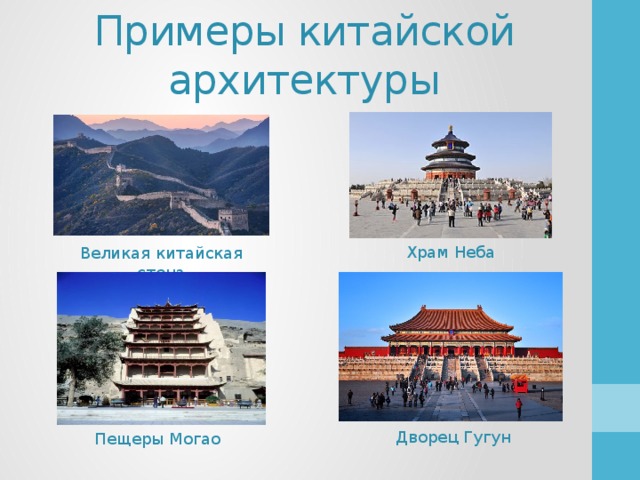 Примеры китайской архитектуры Храм Неба Великая китайская стена  Дворец Гугун Пещеры Могао 