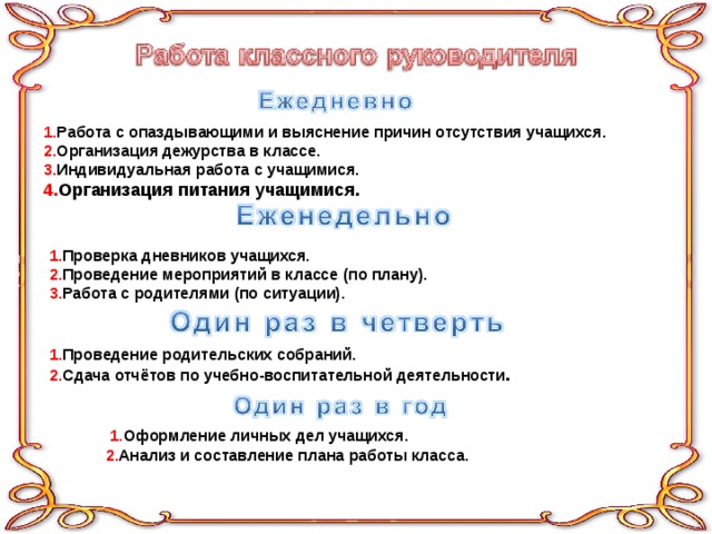 1. Работа с опаздывающими и выяснение причин отсутствия учащихся. 2. Организация дежурства в классе. 3. Индивидуальная работа с учащимися. 4. Организация питания учащимися.  1. Проверка дневников учащихся. 2. Проведение мероприятий в классе (по плану). 3. Работа с родителями (по ситуации).  1. Проведение родительских собраний. 2. Сдача отчётов по учебно-воспитательной деятельности .  1. Оформление личных дел учащихся.  2. Анализ и составление плана работы класса. 