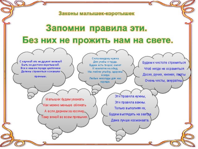 Сила каждому нужна Для учебы и труда. Будем есть творог, омлет И компотик на обед. Мы любим улыбку, здоровы всегда Любые невзгоды для нас ерунда. С научной кто не дружит книжкой Быть не достоин коротышкой. Все в нашем городе цветочном Должны стремиться к знаньям прочным . Будем к чистоте стремиться Чтоб нигде не осрамиться Доски, ручки, книжки, парты Очень чисты, аккуратны. Эти правила нужны, Эти правила важны. Только выполняя их, Будем выглядеть на завтра Даже лучше космонавта. Малышек будем уважать Как можно меньше обижать А если дернем за косичку, Тому виной во всем привычки. 