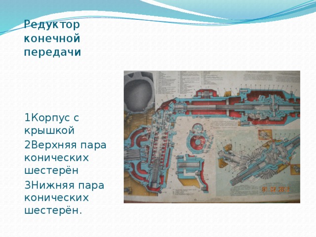 Редуктор конечной передачи 1Корпус с крышкой 2Верхняя пара конических шестерён 3Нижняя пара конических шестерён. 