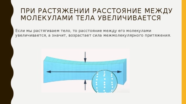 При увеличении расстояния между телами. Расстояние между молекулами увеличивается. При растяжении медной проволоки между молекулами действуют. При растяжении медной проволоки между молекулами действуют силы. При сжатии растяжении медной проволоки между молекулами действуют.