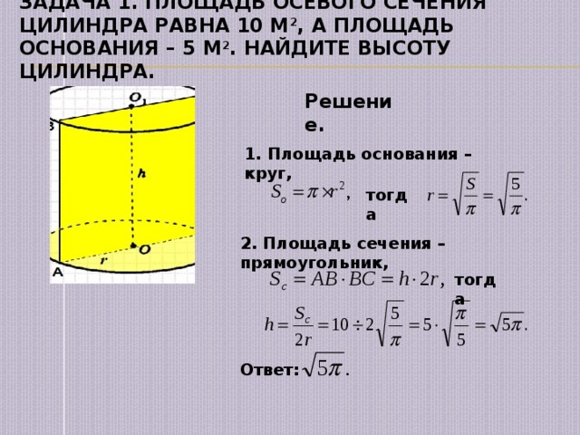 Задача 1. Площадь осевого сечения цилиндра равна 10 м 2 , а площадь основания – 5 м 2 . Найдите высоту цилиндра. Решение. 1. Площадь основания – круг, тогда 2. Площадь сечения – прямоугольник, тогда Ответ: 