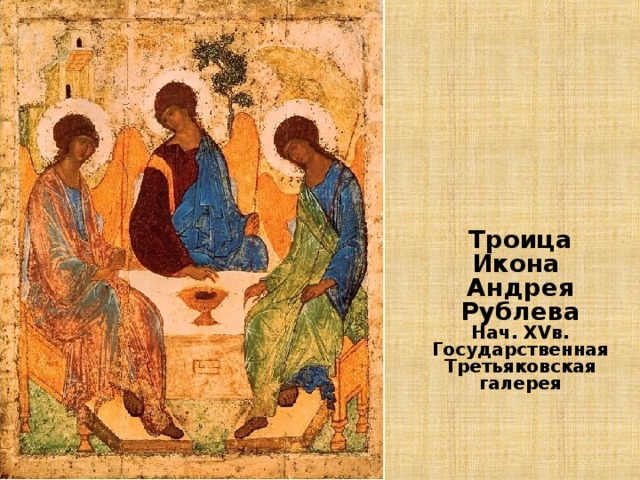 Троица Икона Андрея Рублева Нач. XV в. Государственная Третьяковская галерея 