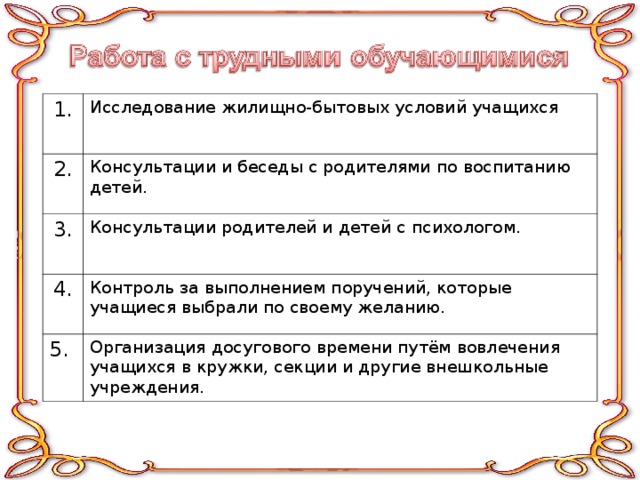 1. Исследование жилищно-бытовых условий учащихся 2. Консультации и беседы с родителями по воспитанию детей. 3. Консультации родителей и детей с психологом. 4. Контроль за выполнением поручений, которые учащиеся выбрали по своему желанию. 5. Организация досугового времени путём вовлечения учащихся в кружки, секции и другие внешкольные учреждения. 