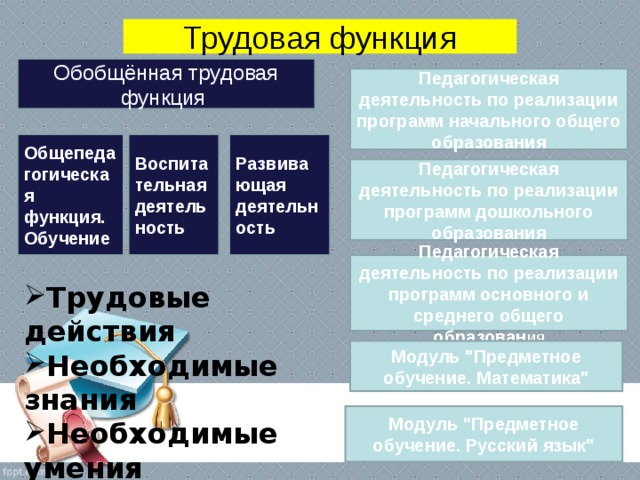 Трудовая функция Обобщённая трудовая функция Педагогическая деятельность по реализации программ начального общего образования Общепедагогическая функция. Обучение Воспитательная деятельность Развивающая деятельность Педагогическая деятельность по реализации программ дошкольного образования Педагогическая деятельность по реализации программ основного и среднего общего образован ия Трудовые действия Необходимые знания Необходимые умения Модуль 