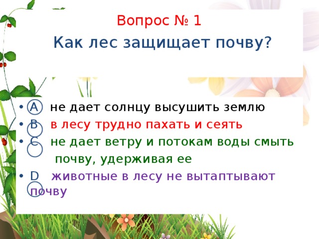 Вопрос № 1   Как лес защищает почву? А не дает солнцу высушить землю В  в лесу трудно пахать и сеять С  не дает ветру и потокам воды смыть  почву, удерживая ее D животные в лесу не вытаптывают почву 