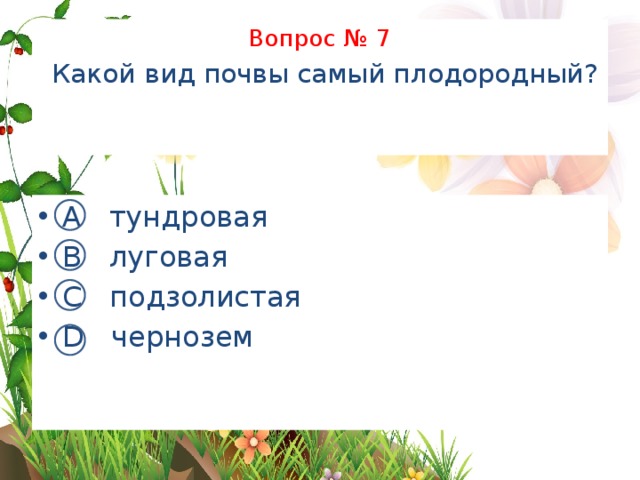 Вопрос № 7   Какой вид почвы самый плодородный?   А тундровая В луговая С подзолистая D чернозем 