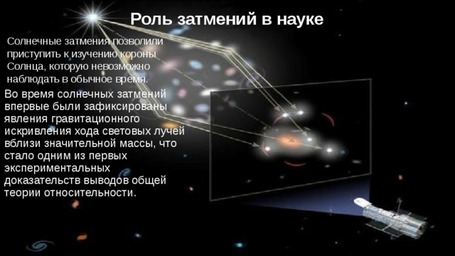 Роль затмений в науке . Солнечные затмения позволили приступить к изучению короны Солнца, которую невозможно наблюдать в обычное время.  Во время солнечных затмений впервые были зафиксированы явления гравитационного искривления хода световых лучей вблизи значительной массы, что стало одним из первых экспериментальных доказательств выводов общей теории относительности.