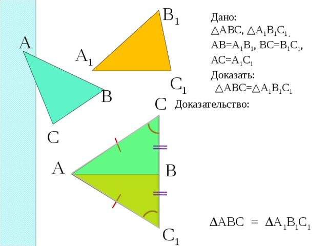 В 1 Дано: △ АВС, △А 1 В 1 С 1 , АВ=А 1 В 1 , ВС=В 1 С 1 , АС=А 1 С 1 Доказать:  △ АВС=△А 1 В 1 С 1 А А 1 С 1 В С Доказательство: С А В С 1 