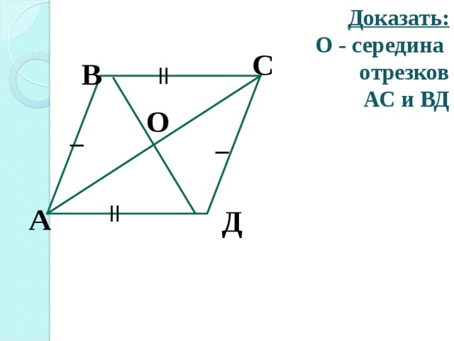 Доказать:  О - середина отрезков  АС и ВД С В О А Д 