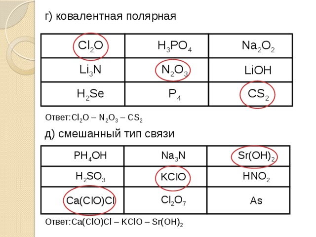 г) ковалентная полярная Ответ:Cl 2 O – N 2 O 3 – CS 2 д) смешанный тип связи Ответ:Ca(ClO)Cl – KClO – Sr(OH) 2 Cl 2 O H 3 PO 4 Li 3 N H 2 Se Na 2 O 2 N 2 O 3 LiOH P 4 CS 2 PH 4 OH H 2 SO 3 Na 3 N KClO Sr(OH) 2 Ca(ClO)Cl HNO 2 Cl 2 O 7 As 