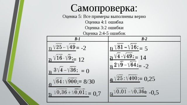 Самопроверка: Оценка 5: Все примеры выполнены верно Оценка 4:1 ошибка Оценка 3:2 ошибки Оценка 2:4-5 ошибок = -2 = 5 = 14 = 12 = -2 = 0 = 0,25 = 8/30 = -0,5 = 0,7 