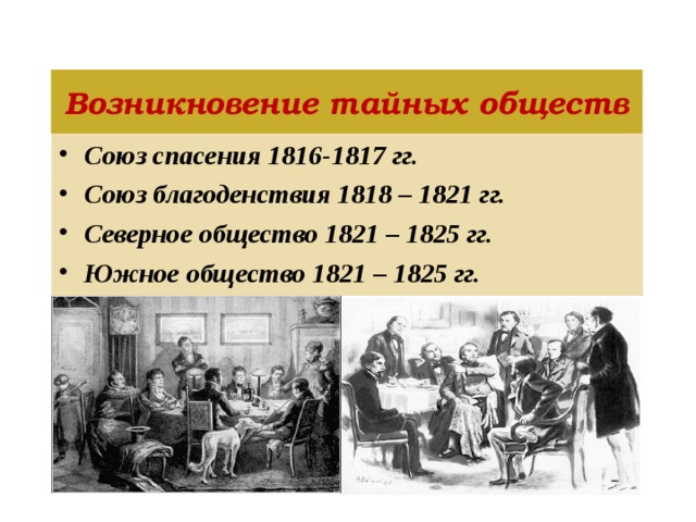 Возникновение тайных обществ Союз спасения 1816-1817 гг. Союз благоденствия 1818 – 1821 гг. Северное общество 1821 – 1825 гг. Южное общество 1821 – 1825 гг. 