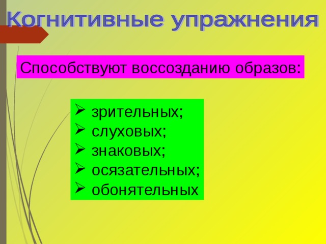 Способствуют воссозданию образов:  зрительных;  слуховых;  знаковых;  осязательных;  обонятельных 