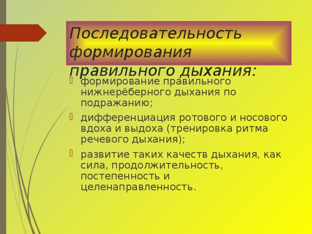 Последовательность формирования правильного дыхания: формирование правильного нижнерёберного дыхания по подражанию; дифференциация ротового и носового вдоха и выдоха (тренировка ритма речевого дыхания); развитие таких качеств дыхания, как сила, продолжительность, постепенность и целенаправленность. 