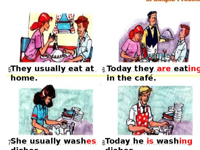 They usually eat at home. Today they are eat ing in the café. She usually wash es dishes. Today he is wash ing dishes. 