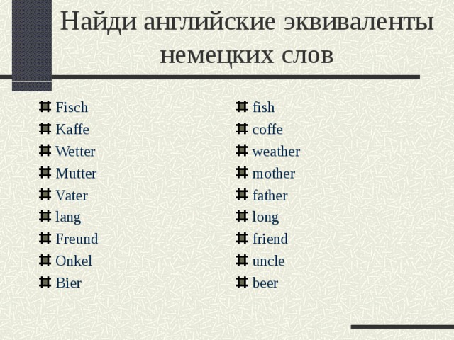 Найди английские эквиваленты немецких слов Fisch Kaffe Wetter Mutter Vater lang Freund Onkel Bier fish coffe weather mother father long friend uncle beer     