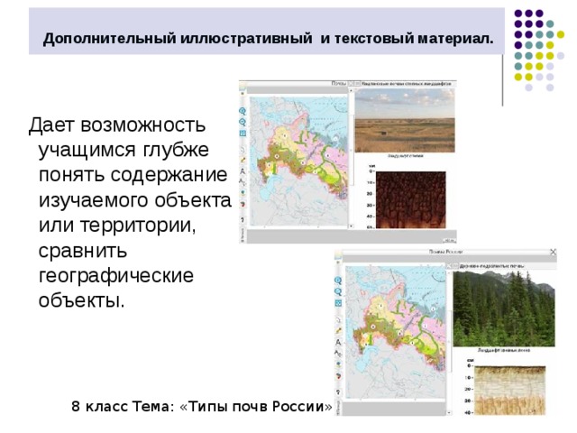 Дополнительный иллюстративный и текстовый материал.  Дает возможность учащимся глубже понять содержание изучаемого объекта или территории, сравнить географические объекты. 8 класс Тема: «Типы почв России» 