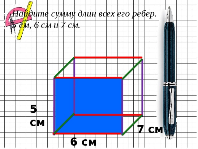 Найдите сумму длин всех его ребер.  5 см, 6 см и 7 см. 5 см 7 см 6 см  