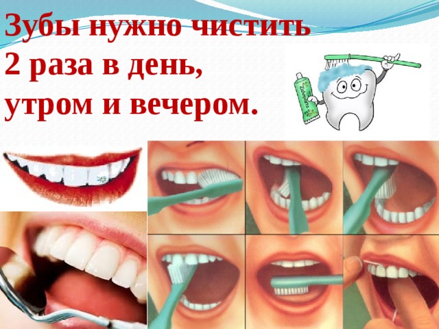 Зубы нужно чистить 2 раза в день, утром и вечером. 