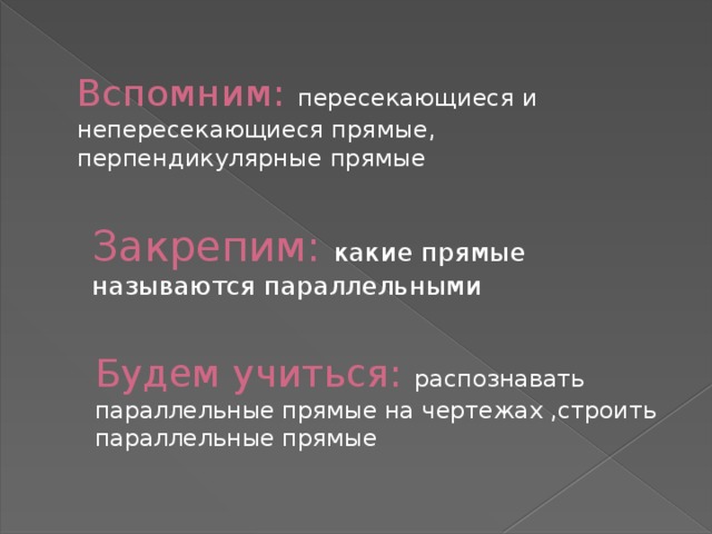 Вспомним: пересекающиеся и непересекающиеся прямые, перпендикулярные прямые Закрепим: какие прямые называются параллельными Будем учиться: распознавать параллельные прямые на чертежах ,строить параллельные прямые 