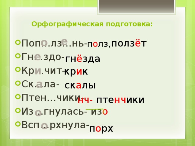 Орфографическая подготовка: п о лз,  е о Поп…лз…нь- Гн…здо- Кр…чит- Ск…ла- Птен…чики- Из…гнулась- из о Всп…рхнула- полз ё т е гн ё зда и кр и к а ск а лы нч- пте нч ики о о п о рх 