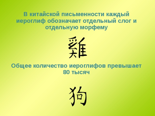 В китайской письменности каждый иероглиф обозначает отдельный слог и отдельную морфему     Общее количество иероглифов превышает 80 тысяч    