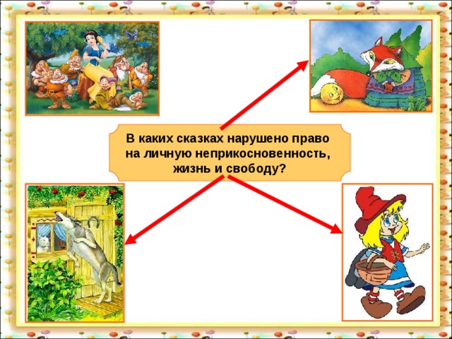  В каких сказках нарушено право на личную неприкосновенность, жизнь и свободу?  