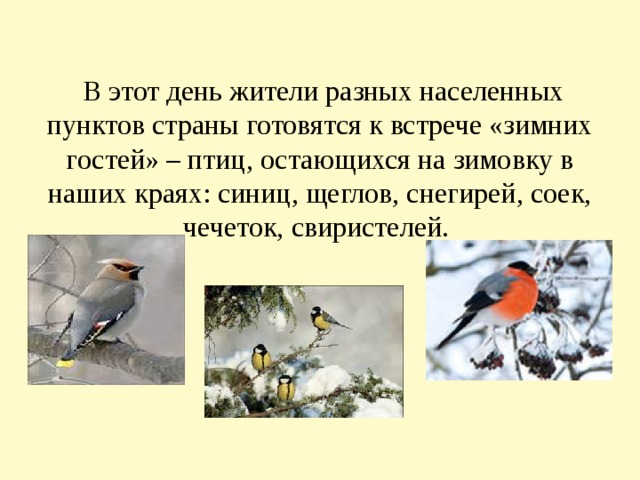 В этот день жители разных населенных пунктов страны готовятся к встрече «зимних гостей» – птиц, остающихся на зимовку в наших краях: синиц, щеглов, снегирей, соек, чечеток, свиристелей.