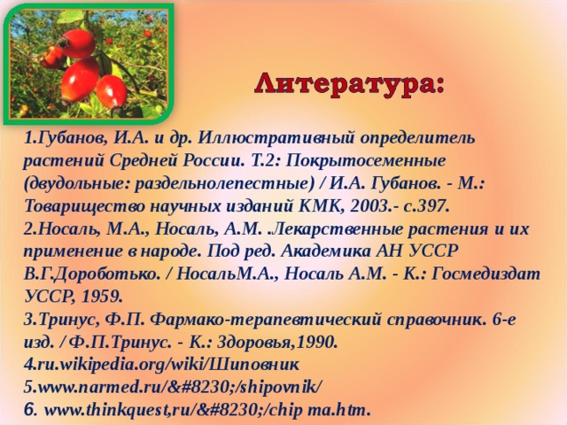 Губанов, И.А. и др. Иллюстративный определитель растений Средней России. Т.2: Покрытосеменные (двудольные: раздельнолепестные) / И.А. Губанов. - М.: Товарищество научных изданий КМК, 2003.- с.397. Носаль, М.А., Носаль, А.М. .Лекарственные растения и их применение в народе. Под ред. Академика АН УССР В.Г.Дороботько. / НосальМ.А., Носаль А.М. - К.: Госмедиздат УССР, 1959. Тринус, Ф.П. Фармако-терапевтический справочник. 6-е изд. / Ф.П.Тринус. - К.: Здоровья,1990. ru.wikipedia.org/wiki/Шиповник www.narmed.ru/…/shipovnik/