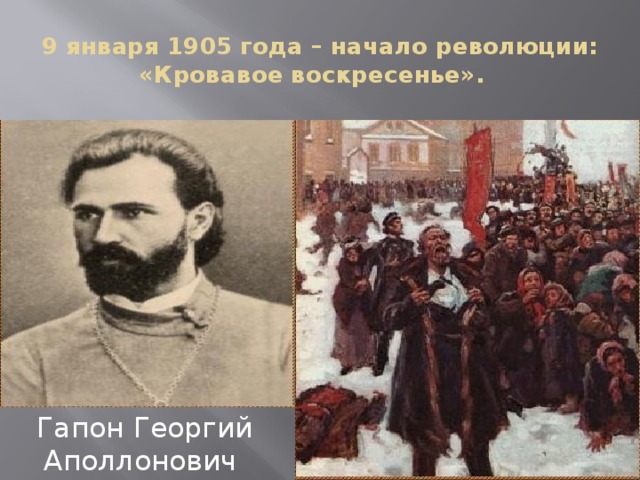 9 января 1905 года – начало революции: «Кровавое воскресенье». Гапон Георгий Аполлонович 