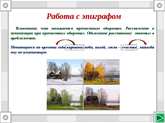 Работа с эпиграфом  Вспомните, что называется причастным оборотом. Расскажите о пунктуации при причастных оборотах. Объясните расстановку запятых в предложении. Меняющиеся по времени года картины неба, полей, лесов – счастье , никогда ему не изменяющее. 
