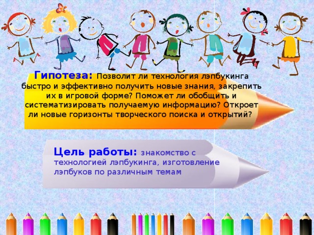Гипотеза: Позволит ли технология лэпбукинга быстро и эффективно получить новые знания, закрепить их в игровой форме? Поможет ли обобщить и систематизировать получаемую информацию? Откроет ли новые горизонты творческого поиска и открытий?   Цель работы: знакомство с технологией лэпбукинга, изготовление лэпбуков по различным темам 