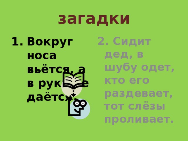 загадки Вокруг носа вьётся, а в руки не даётся 2. Сидит дед, в шубу одет, кто его раздевает, тот слёзы проливает. 