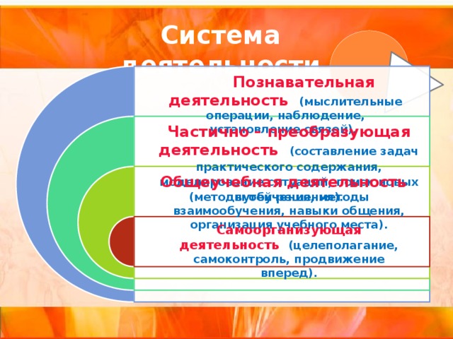 Система деятельности  Познавательная деятельность (мыслительные операции, наблюдение, установление связей). Частично – преобразующая деятельность (составление задач практического содержания, моделирование ситуаций, поиск новых путей решения). Общеучебная деятельность (методы обучения, методы взаимообучения, навыки общения, организация учебного места). Самоорганизующая деятельность (целеполагание, самоконтроль, продвижение вперед). 