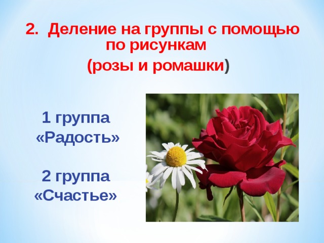   2. Деление на группы с помощью по рисункам (розы и ромашки )  1 группа «Радость»  2 группа «Счастье» 
